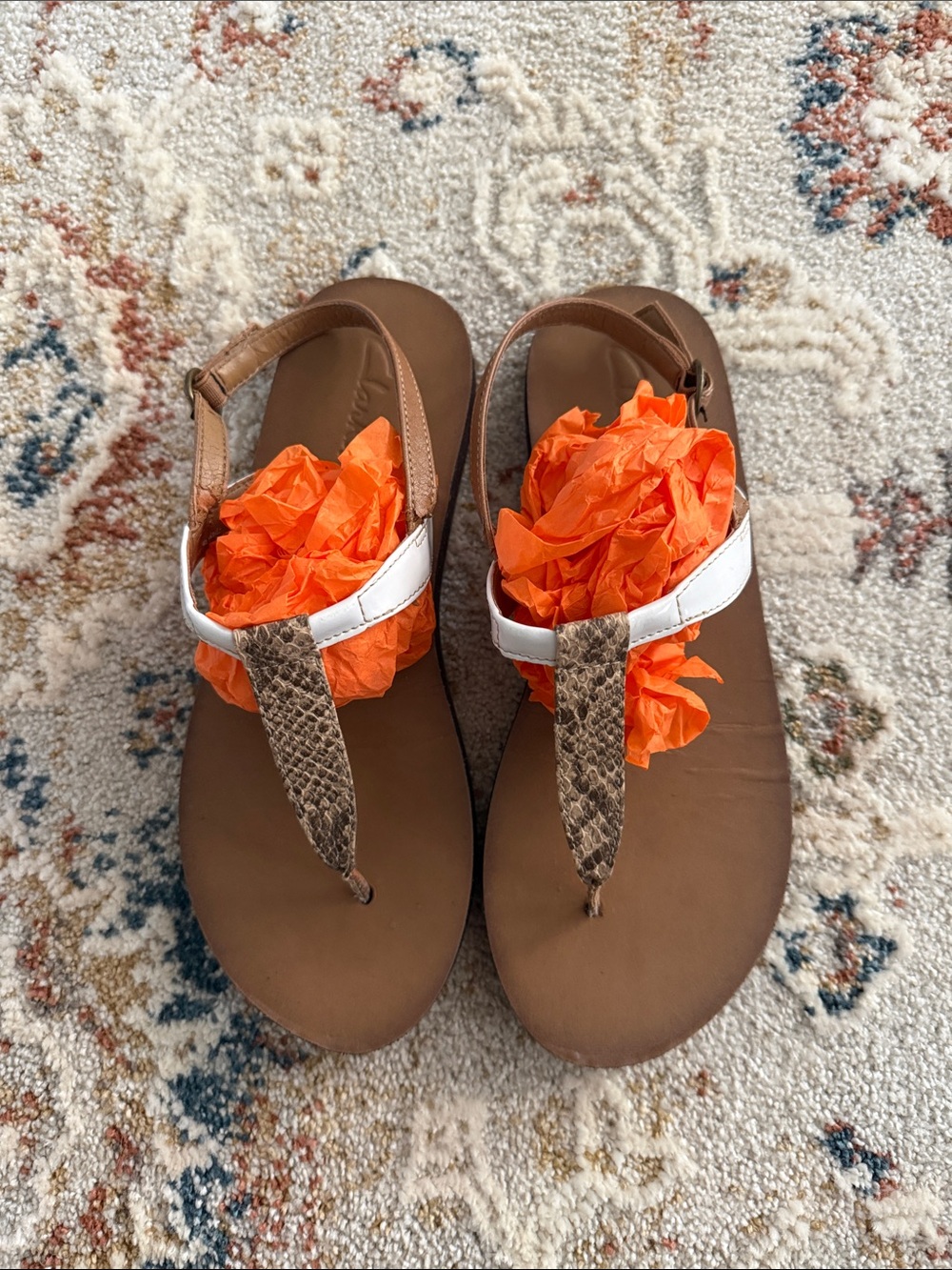 Clarks Brown, Snake Print and White Patent Leather T-Strap Sandals